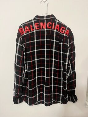 Balenciaga Black Plaid Button-Down Shirt Red Logo